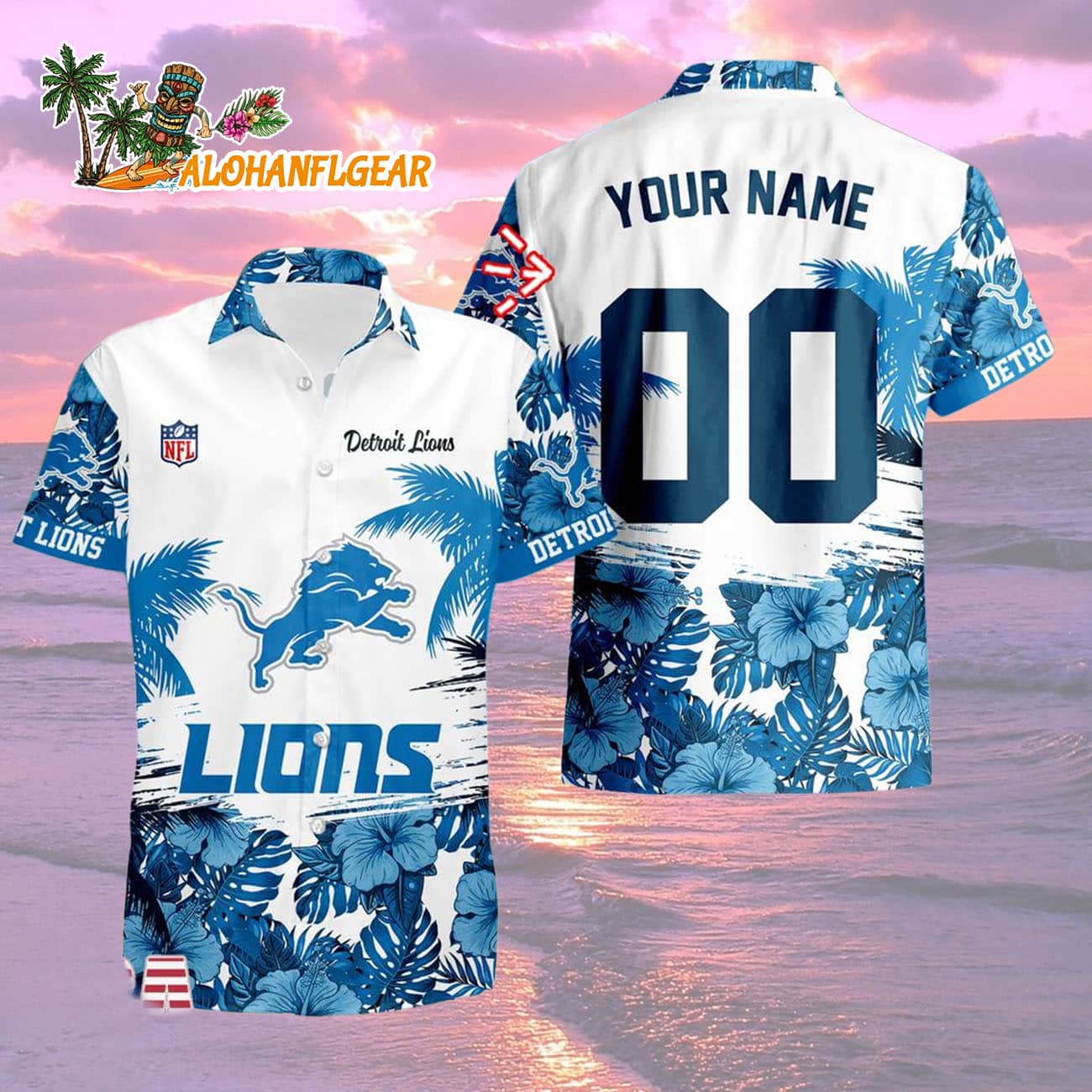 Detroit Lions Hibiscus Flower Custom Name Hawaiian Shirt, NFL Aloha Shirt Detroit Lions Hibiscus Flower Custom Name Hawaiian Shirt, NFL Aloha Shirt