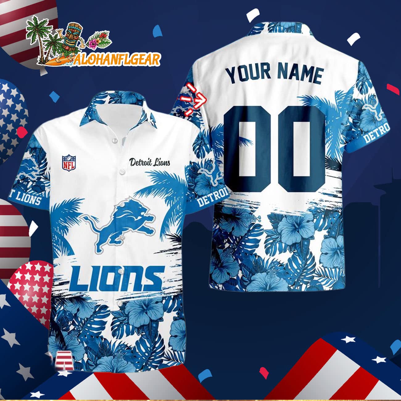 Detroit Lions Hibiscus Flower Custom Name Hawaiian Shirt, NFL Aloha Shirt Detroit Lions Hibiscus Flower Custom Name Hawaiian Shirt, NFL Aloha Shirt