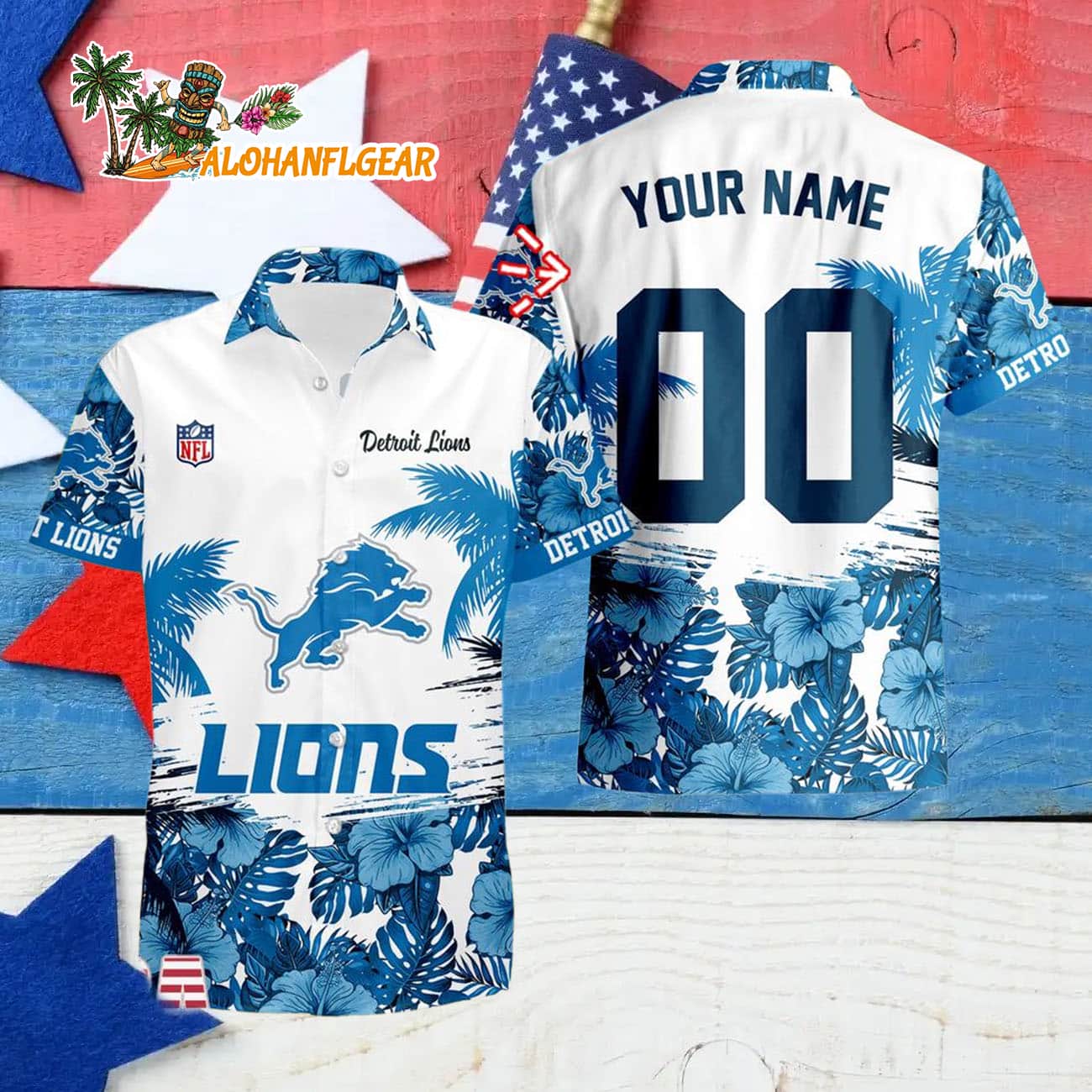 Detroit Lions Hibiscus Flower Custom Name Hawaiian Shirt, NFL Aloha Shirt Detroit Lions Hibiscus Flower Custom Name Hawaiian Shirt, NFL Aloha Shirt