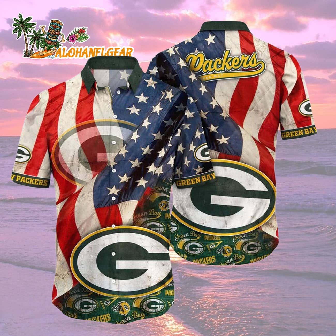 Green Bay Packers American Flag Hawaiian Shirt, NFL Aloha Shirt Green Bay Packers American Flag Hawaiian Shirt, NFL Aloha Shirt