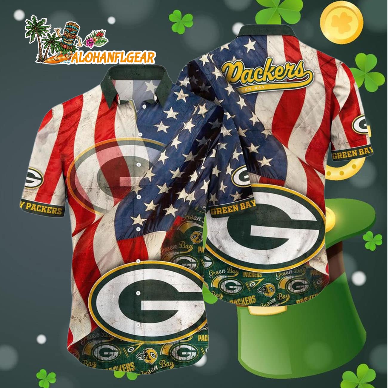 Green Bay Packers American Flag Hawaiian Shirt, NFL Aloha Shirt Green Bay Packers American Flag Hawaiian Shirt, NFL Aloha Shirt