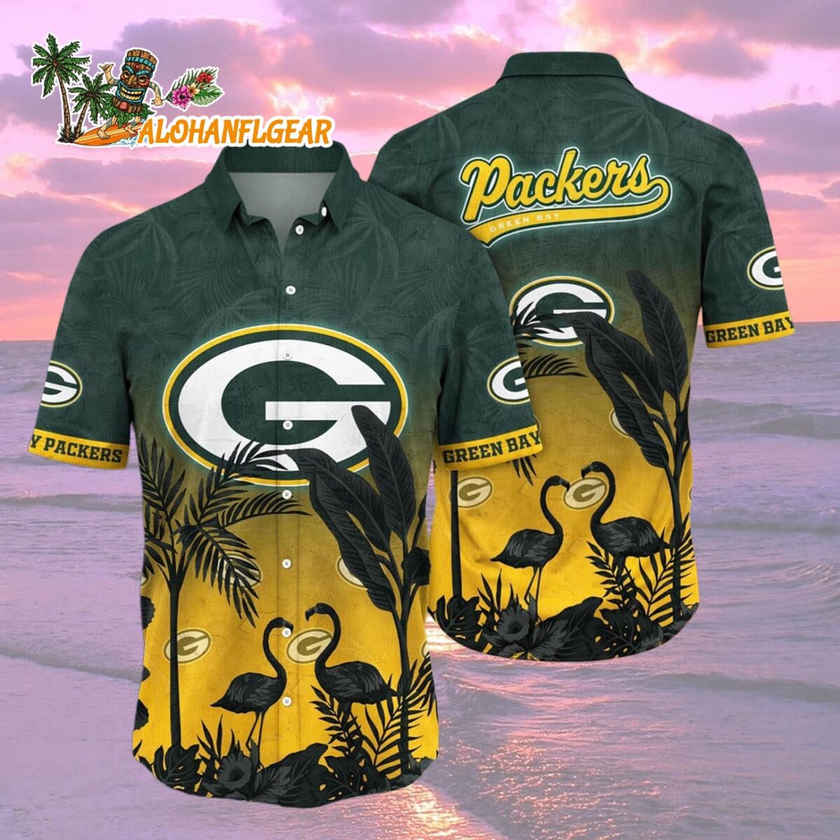Green Bay Packers Flamingo And Flower Funny Hawaiian Shirt Green Bay Packers Aloha Shirt 2