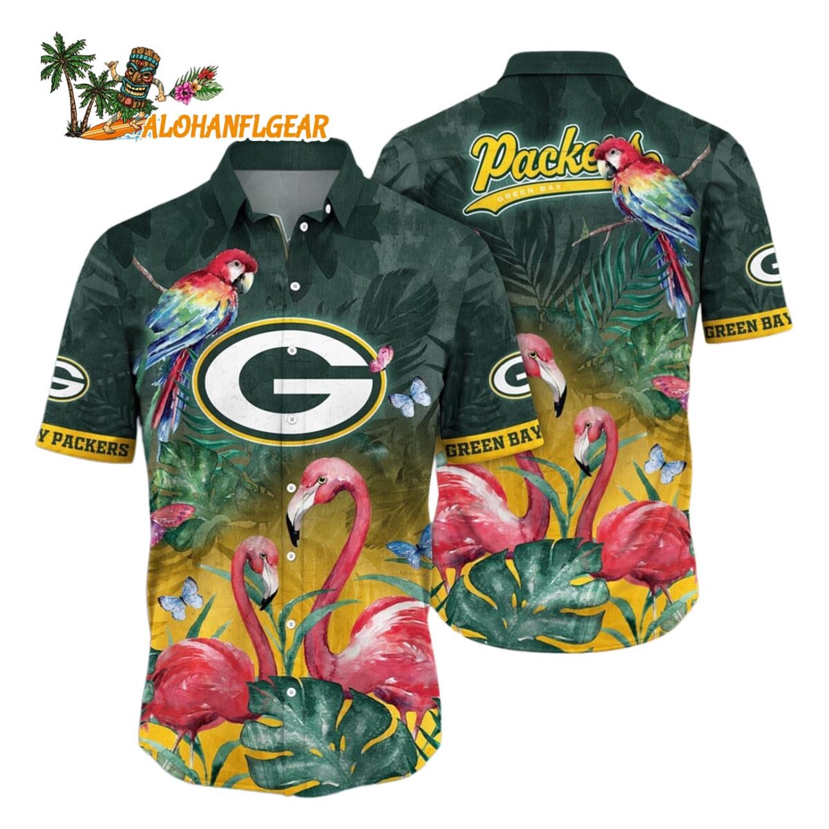 Green Bay Packers Flamingo And Flower Hawaiian Shirt Green Bay Packers Aloha Shirt 1