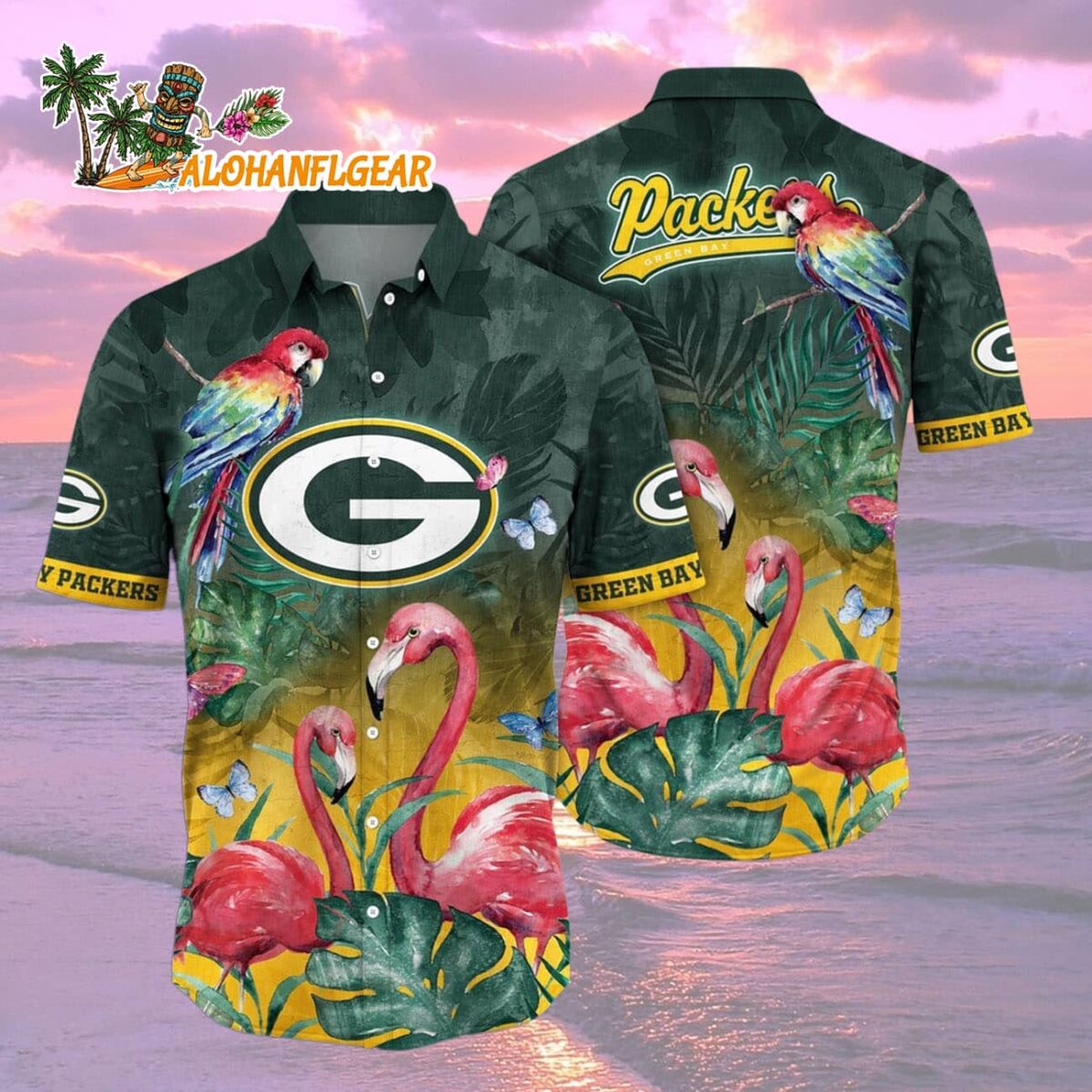 Green Bay Packers Flamingo And Flower Hawaiian Shirt Green Bay Packers Aloha Shirt 2