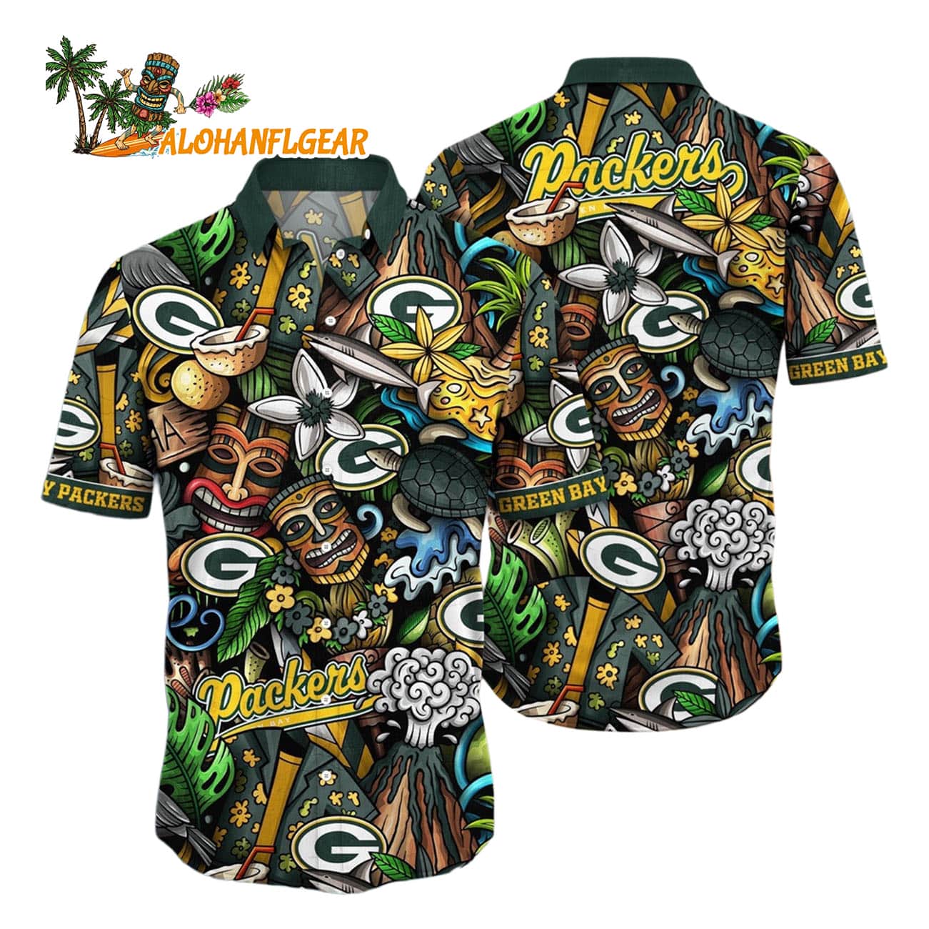 Green Bay Packers Flower Tiki Me Off Hawaiian Shirt, Green Bay Packers Aloha Shirt Green Bay Packers Flower Tiki Me Off Hawaiian Shirt, Green Bay Packers Aloha Shirt