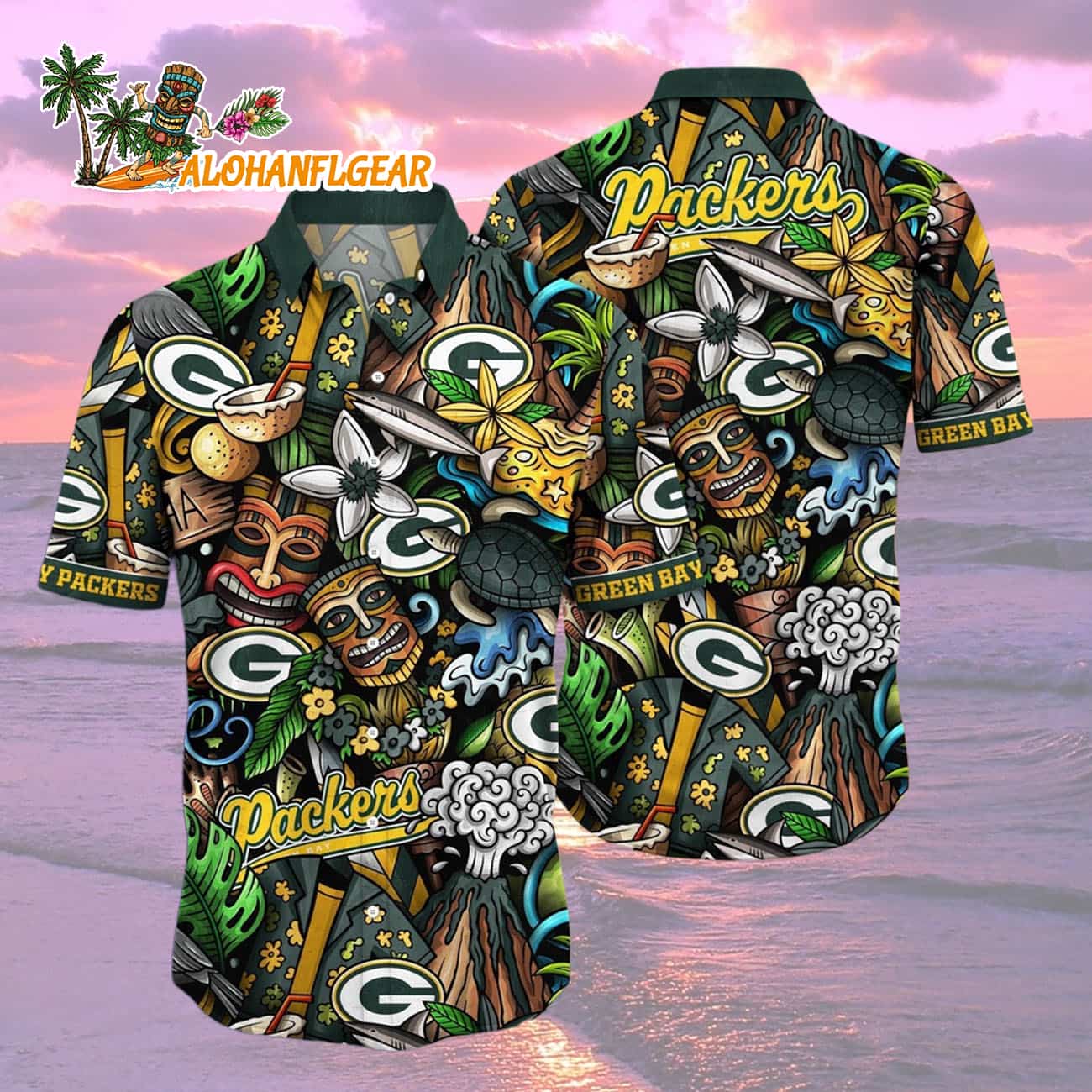 Green Bay Packers Flower Tiki Me Off Hawaiian Shirt, Green Bay Packers Aloha Shirt Green Bay Packers Flower Tiki Me Off Hawaiian Shirt, Green Bay Packers Aloha Shirt