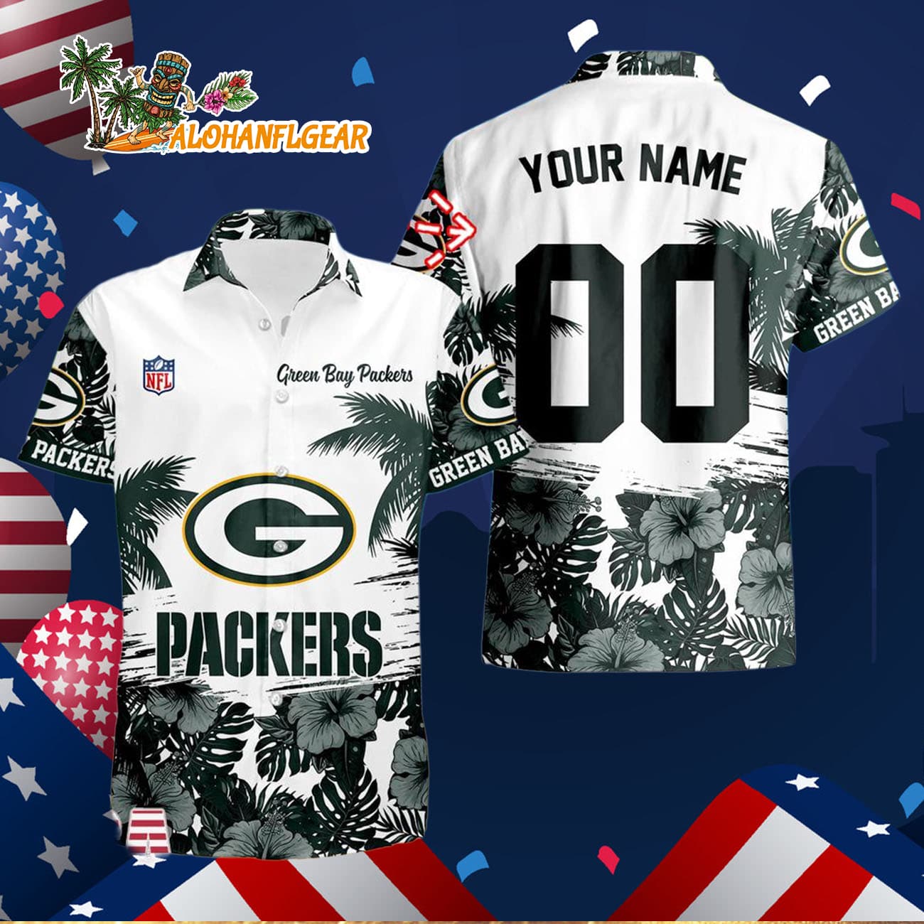 Green Bay Packers Hibiscus Flower Custom Name Hawaiian Shirt, NFL Aloha Shirt Green Bay Packers Hibiscus Flower Custom Name Hawaiian Shirt, NFL Aloha Shirt