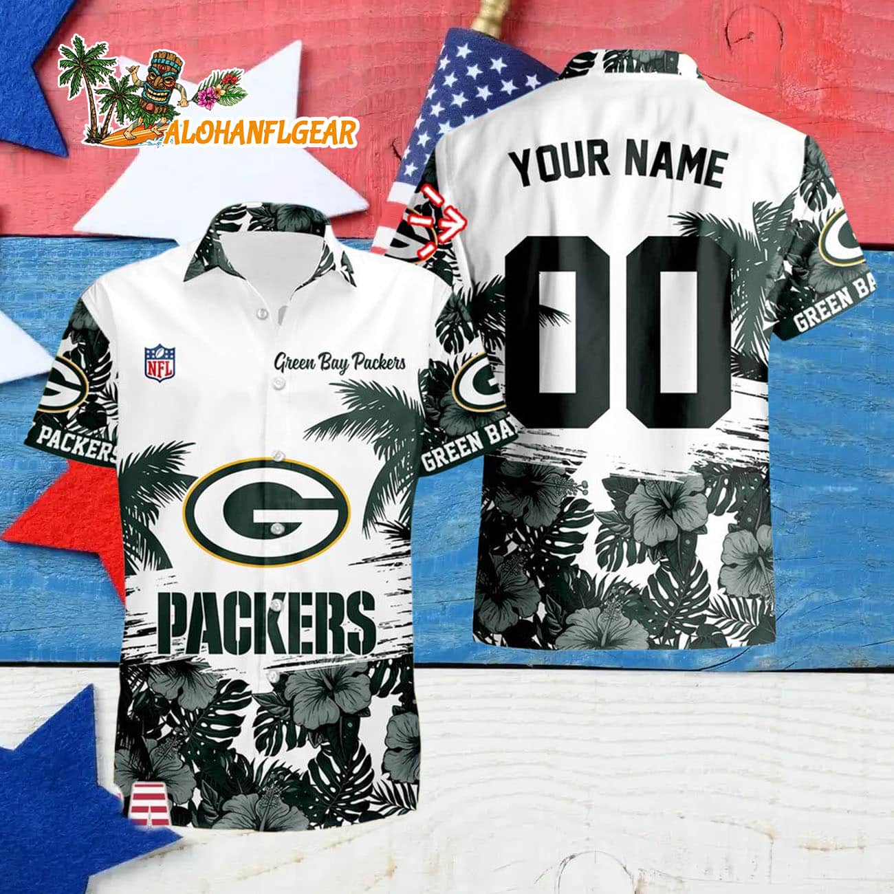 Green Bay Packers Hibiscus Flower Custom Name Hawaiian Shirt, NFL Aloha Shirt Green Bay Packers Hibiscus Flower Custom Name Hawaiian Shirt, NFL Aloha Shirt