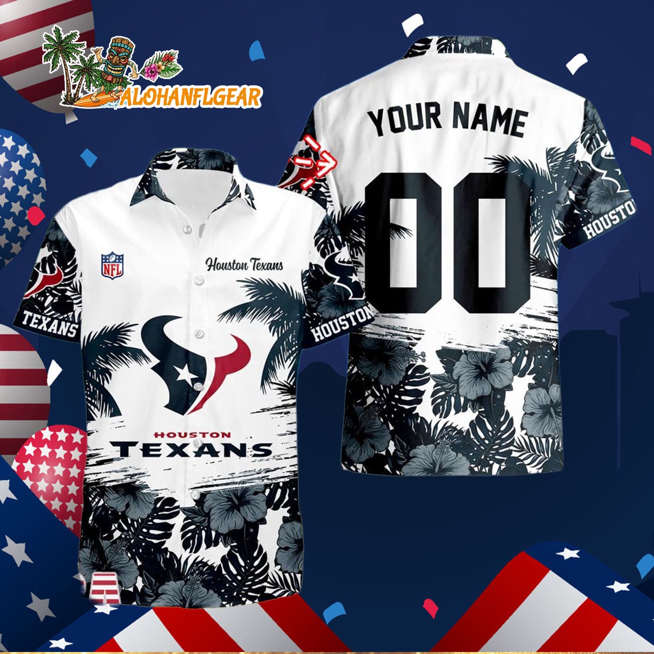 Houston Texans Hibiscus Flower Custom Name Hawaiian Shirt, NFL Aloha Shirt Houston Texans Hibiscus Flower Custom Name Hawaiian Shirt, NFL Aloha Shirt