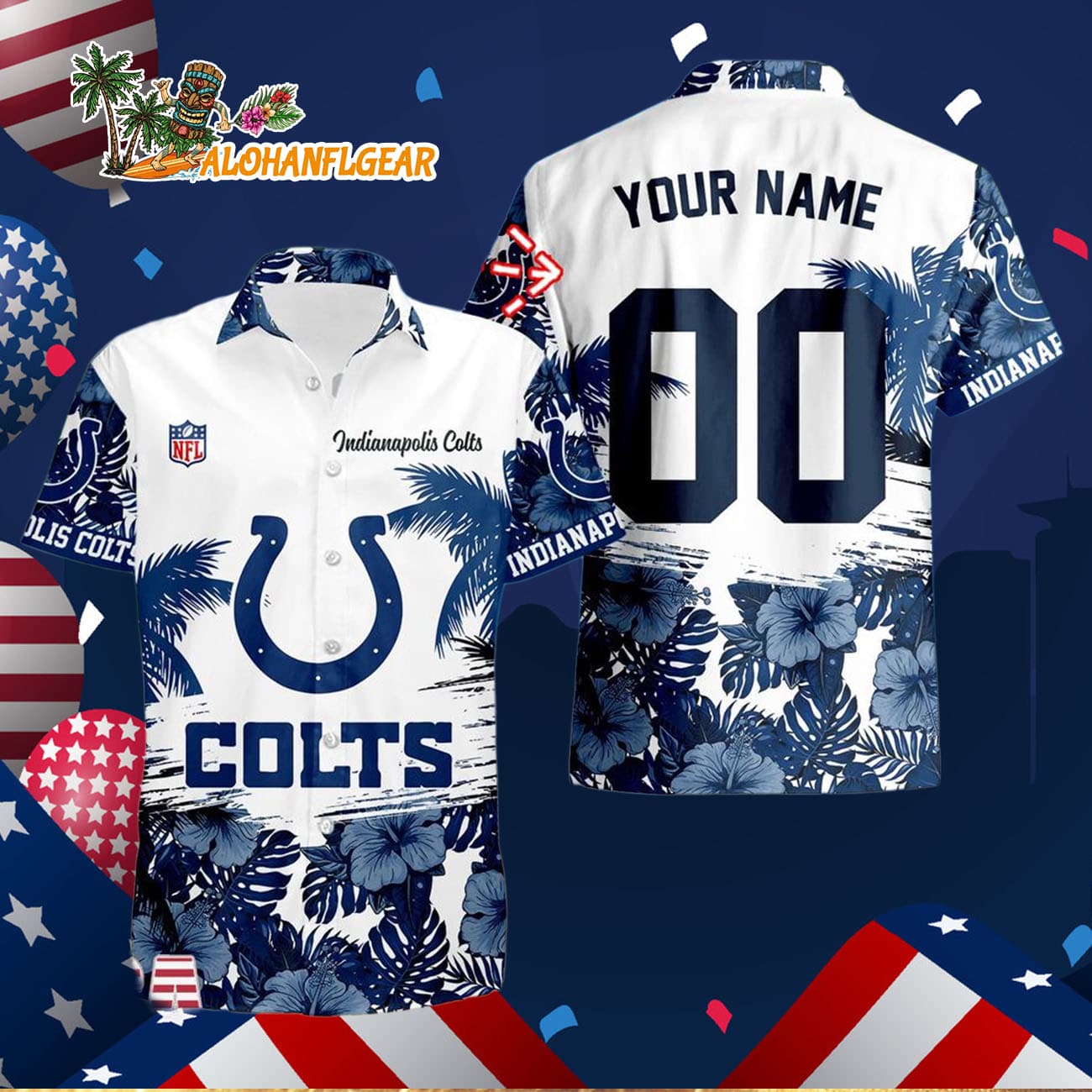 Indianapolis Colts Hibiscus Flower Custom Name Hawaiian Shirt, NFL Aloha Shirt Indianapolis Colts Hibiscus Flower Custom Name Hawaiian Shirt, NFL Aloha Shirt
