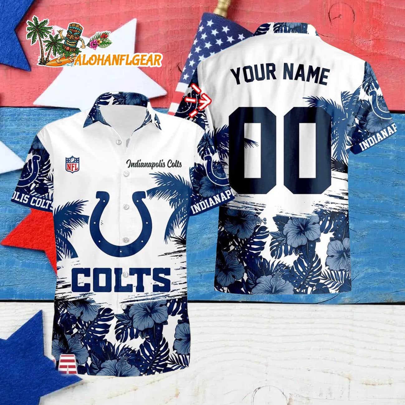 Indianapolis Colts Hibiscus Flower Custom Name Hawaiian Shirt, NFL Aloha Shirt Indianapolis Colts Hibiscus Flower Custom Name Hawaiian Shirt, NFL Aloha Shirt