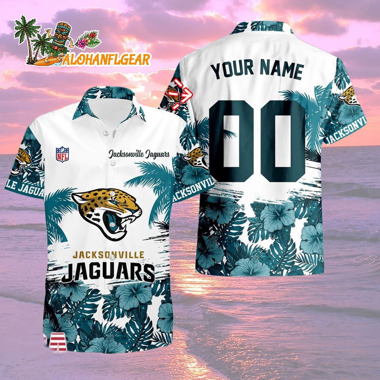 Jacksonville Jaguars Hibiscus Flower Custom Name Hawaiian Shirt, NFL Aloha Shirt Jacksonville Jaguars Hibiscus Flower Custom Name Hawaiian Shirt, NFL Aloha Shirt