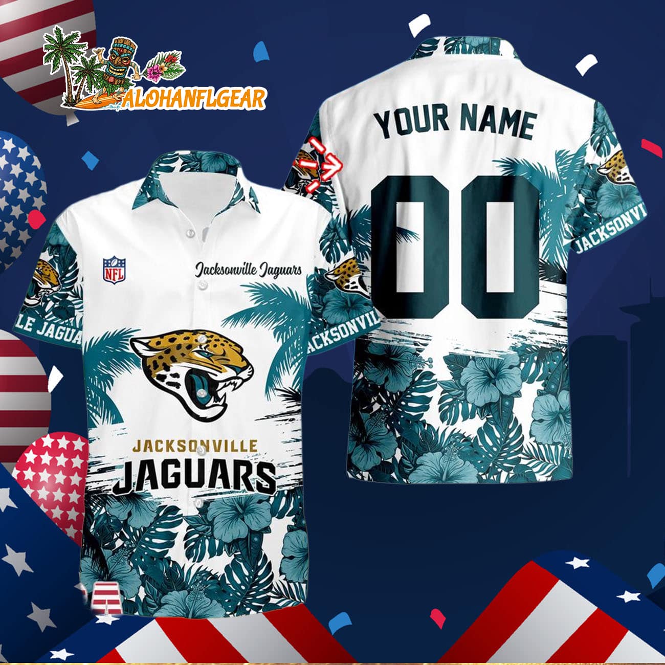 Jacksonville Jaguars Hibiscus Flower Custom Name Hawaiian Shirt, NFL Aloha Shirt Jacksonville Jaguars Hibiscus Flower Custom Name Hawaiian Shirt, NFL Aloha Shirt