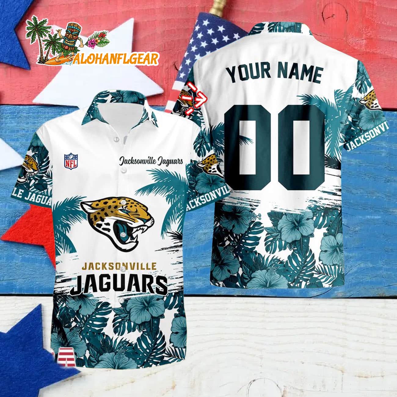 Jacksonville Jaguars Hibiscus Flower Custom Name Hawaiian Shirt, NFL Aloha Shirt Jacksonville Jaguars Hibiscus Flower Custom Name Hawaiian Shirt, NFL Aloha Shirt