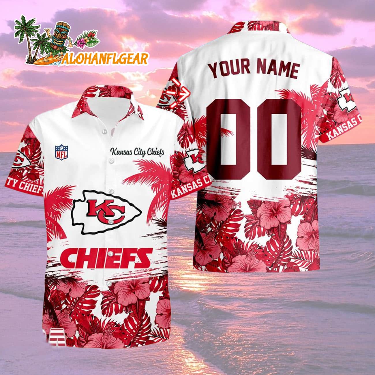 Kansas City Chiefs Hibiscus Flower Custom Name Hawaiian Shirt, NFL Aloha Shirt Kansas City Chiefs Hibiscus Flower Custom Name Hawaiian Shirt, NFL Aloha Shirt