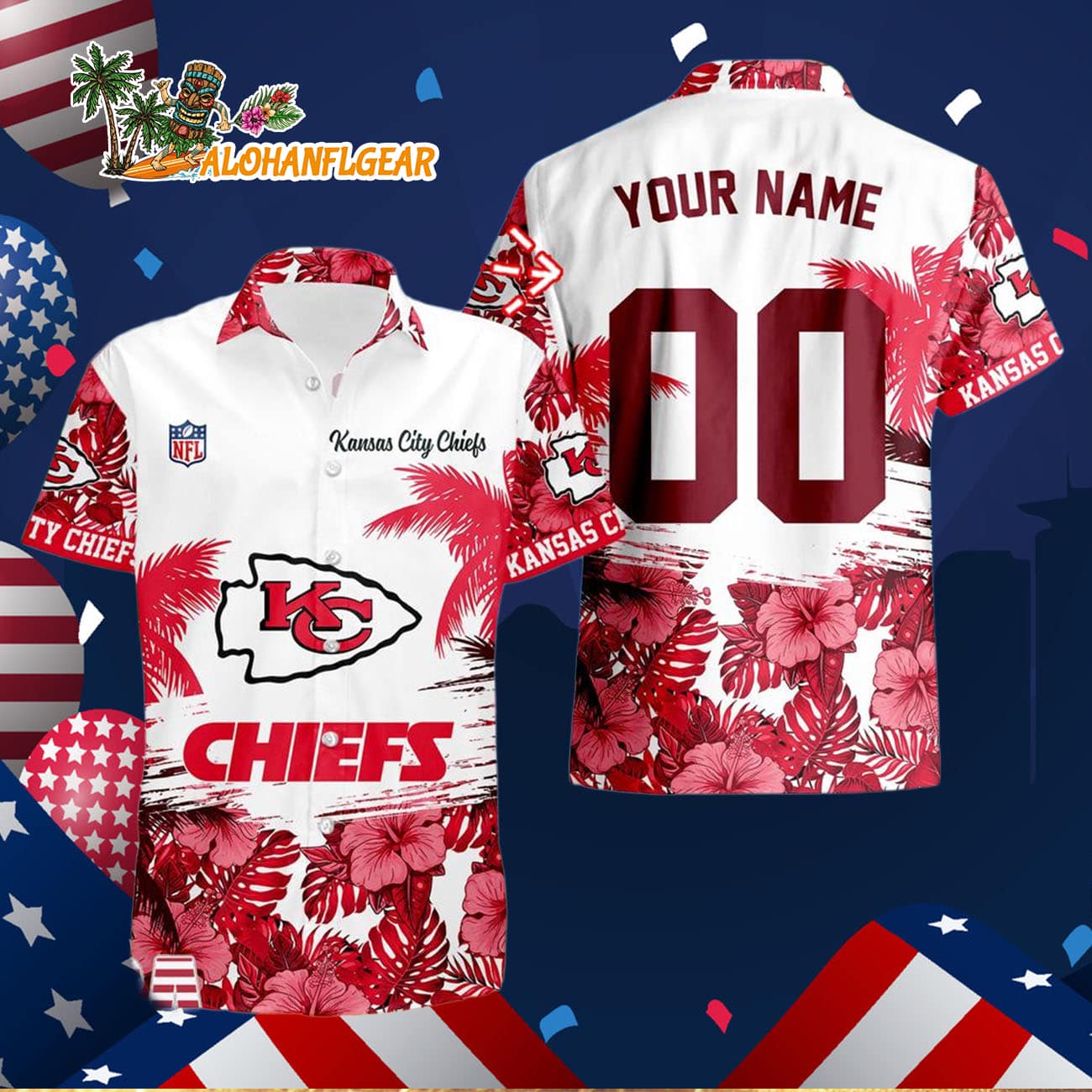 Kansas City Chiefs Hibiscus Flower Custom Name Hawaiian Shirt, NFL Aloha Shirt Kansas City Chiefs Hibiscus Flower Custom Name Hawaiian Shirt, NFL Aloha Shirt