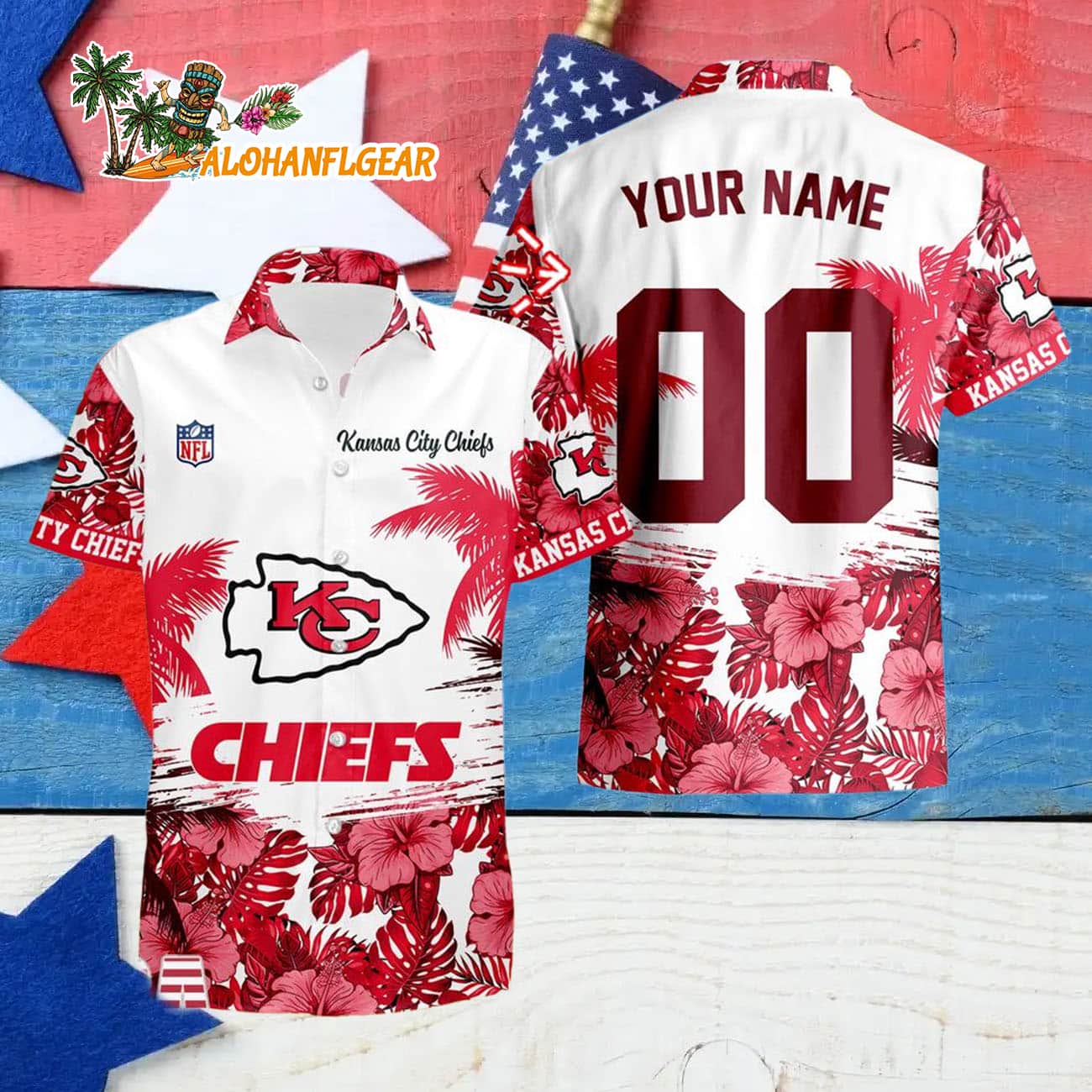 Kansas City Chiefs Hibiscus Flower Custom Name Hawaiian Shirt, NFL Aloha Shirt Kansas City Chiefs Hibiscus Flower Custom Name Hawaiian Shirt, NFL Aloha Shirt