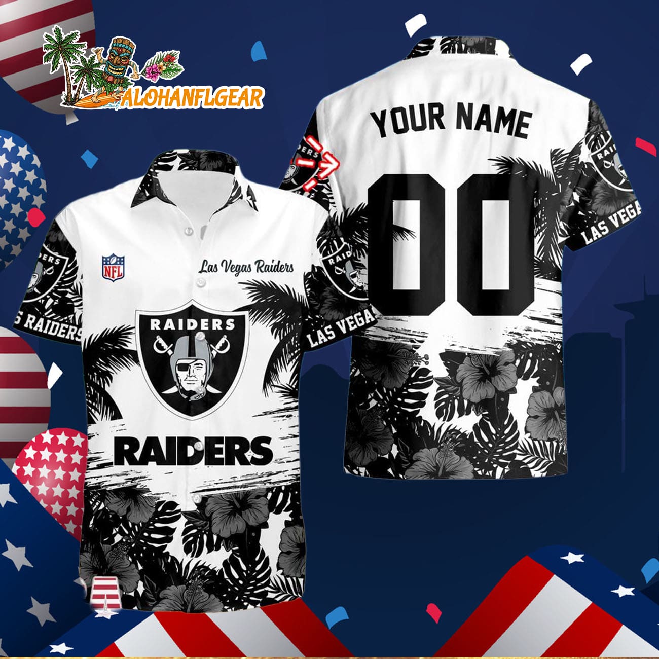 Las Vegas Raiders Hibiscus Flower Custom Name Hawaiian Shirt, NFL Aloha Shirt Las Vegas Raiders Hibiscus Flower Custom Name Hawaiian Shirt, NFL Aloha Shirt