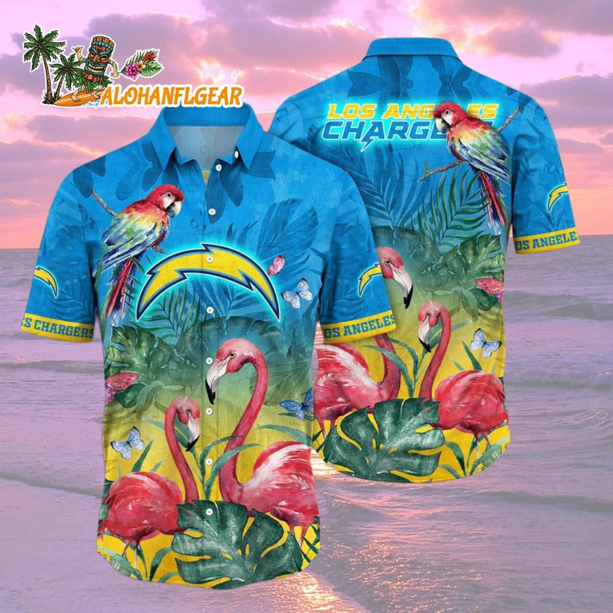 Los Angeles Chargers Flamingo And Flower Hawaiian Shirt Los Angeles Chargers Aloha Shirt 2