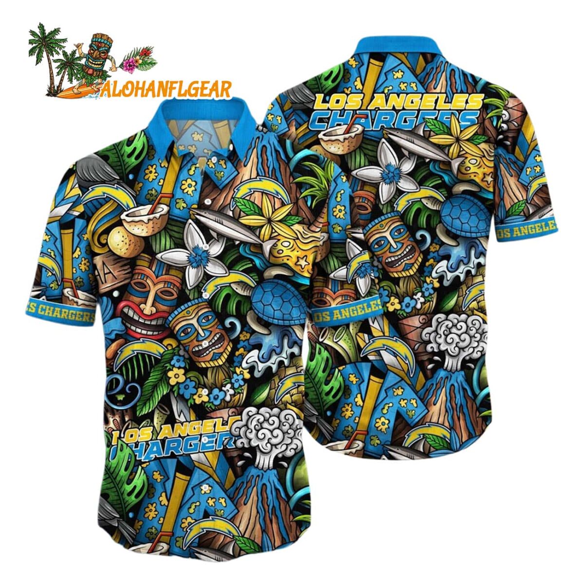 Los Angeles Chargers Flower Tiki Me Off Hawaiian Shirt Los Angeles Chargers Aloha Shirt 1