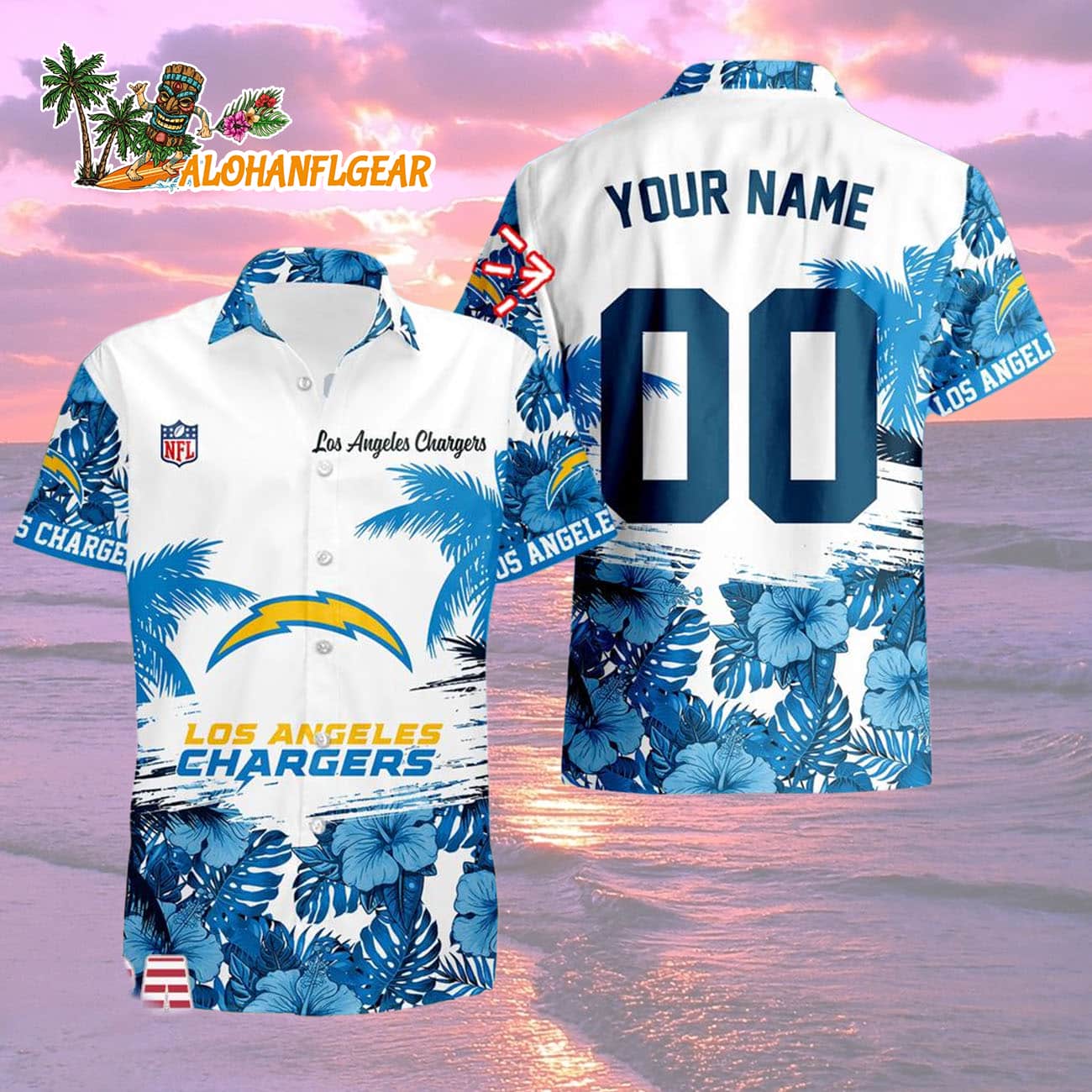 Los Angeles Chargers Hibiscus Flower Custom Name Hawaiian Shirt, NFL Aloha Shirt Los Angeles Chargers Hibiscus Flower Custom Name Hawaiian Shirt, NFL Aloha Shirt