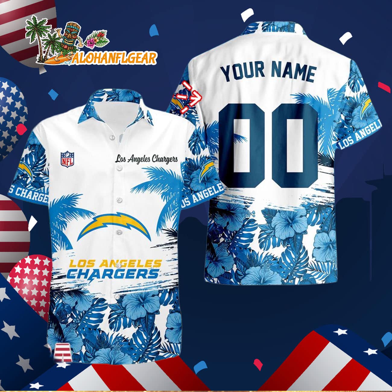 Los Angeles Chargers Hibiscus Flower Custom Name Hawaiian Shirt, NFL Aloha Shirt Los Angeles Chargers Hibiscus Flower Custom Name Hawaiian Shirt, NFL Aloha Shirt