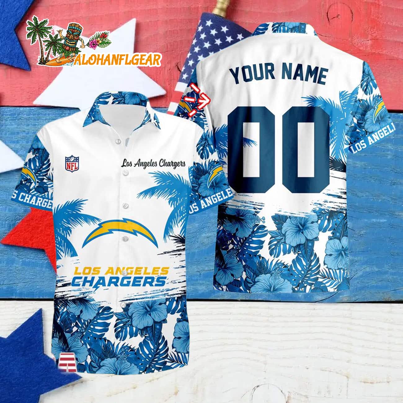 Los Angeles Chargers Hibiscus Flower Custom Name Hawaiian Shirt, NFL Aloha Shirt Los Angeles Chargers Hibiscus Flower Custom Name Hawaiian Shirt, NFL Aloha Shirt