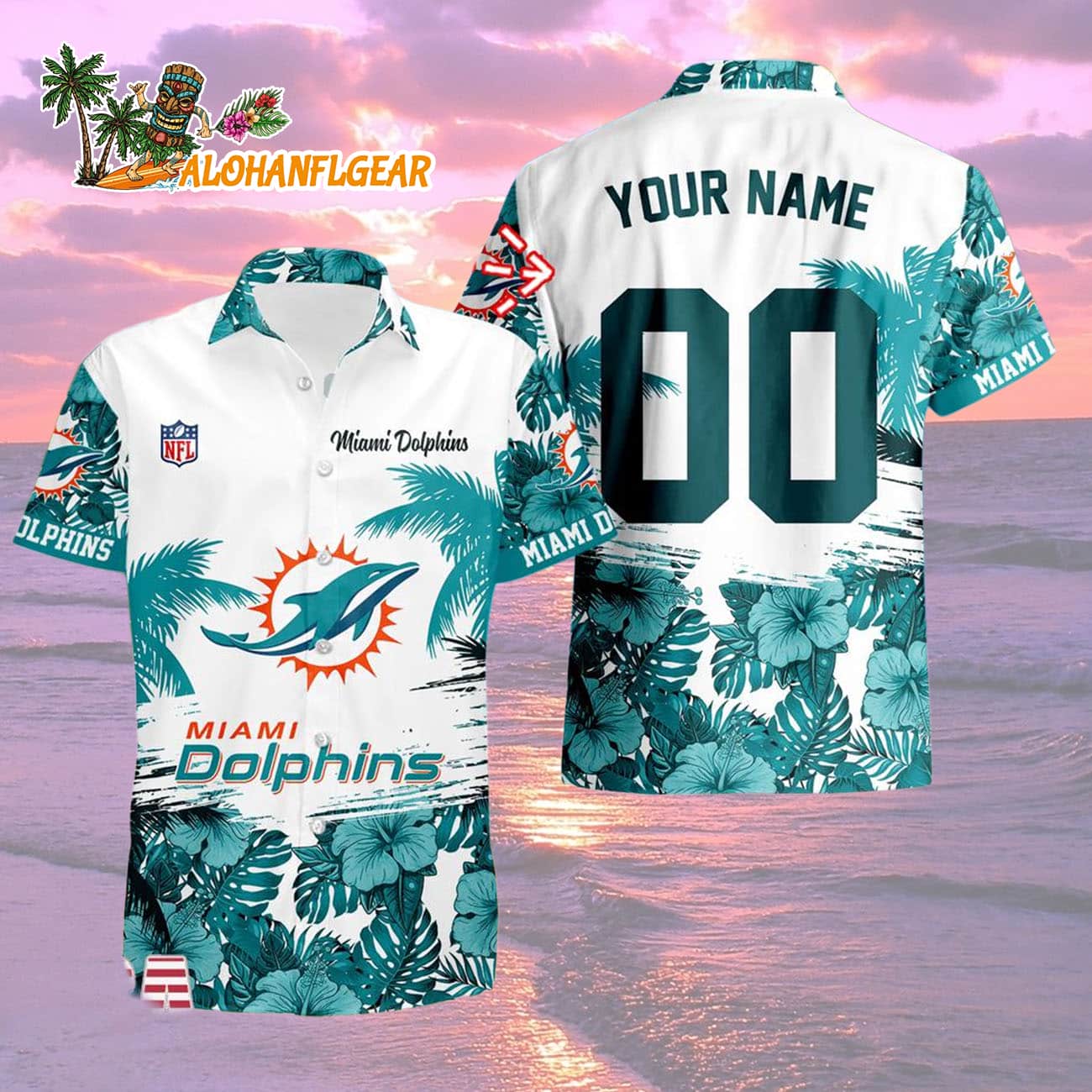 Miami Dolphins Hibiscus Flower Custom Name Hawaiian Shirt, NFL Aloha Shirt Miami Dolphins Hibiscus Flower Custom Name Hawaiian Shirt, NFL Aloha Shirt
