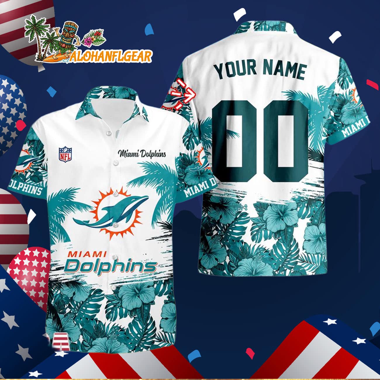 Miami Dolphins Hibiscus Flower Custom Name Hawaiian Shirt, NFL Aloha Shirt Miami Dolphins Hibiscus Flower Custom Name Hawaiian Shirt, NFL Aloha Shirt