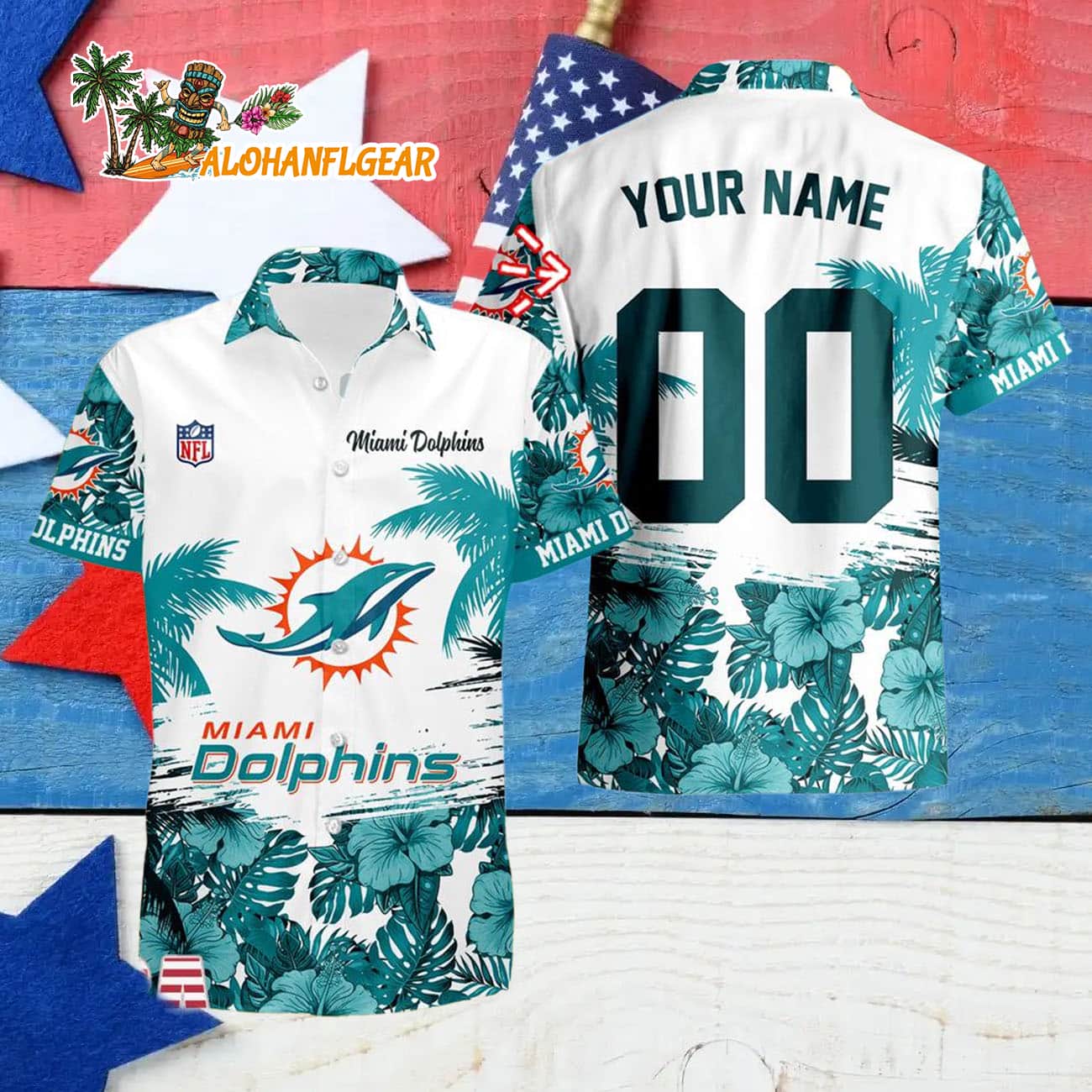 Miami Dolphins Hibiscus Flower Custom Name Hawaiian Shirt, NFL Aloha Shirt Miami Dolphins Hibiscus Flower Custom Name Hawaiian Shirt, NFL Aloha Shirt