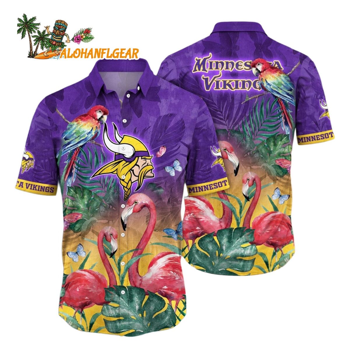 Minnesota Vikings Flamingo And Flower Hawaiian Shirt Minnesota Vikings Aloha Shirt 1