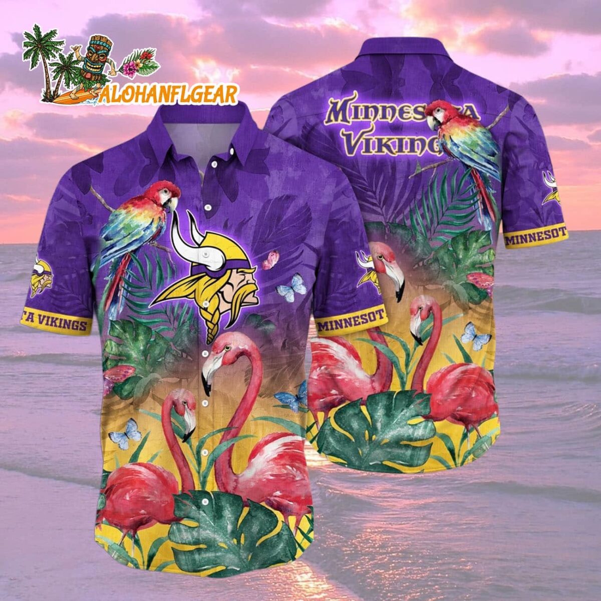 Minnesota Vikings Flamingo And Flower Hawaiian Shirt Minnesota Vikings Aloha Shirt 2