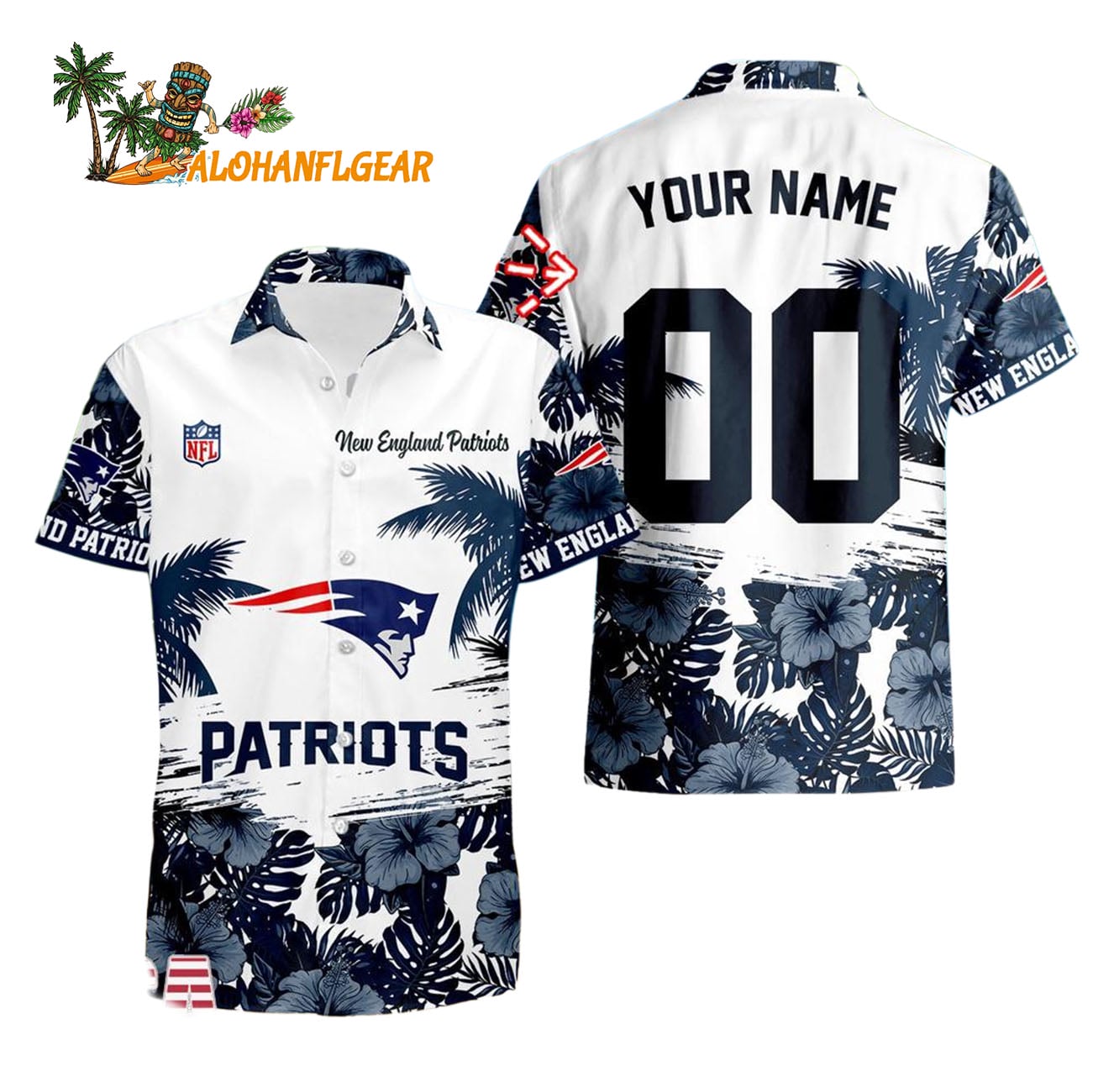 New England Patriots Hibiscus Flower Custom Name Hawaiian Shirt, NFL Aloha Shirt New England Patriots Hibiscus Flower Custom Name Hawaiian Shirt, NFL Aloha Shirt