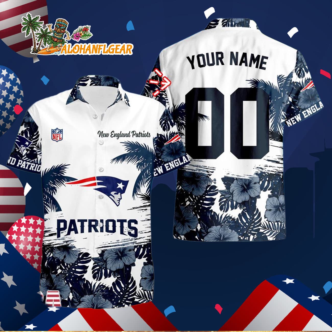 New England Patriots Hibiscus Flower Custom Name Hawaiian Shirt, NFL Aloha Shirt New England Patriots Hibiscus Flower Custom Name Hawaiian Shirt, NFL Aloha Shirt