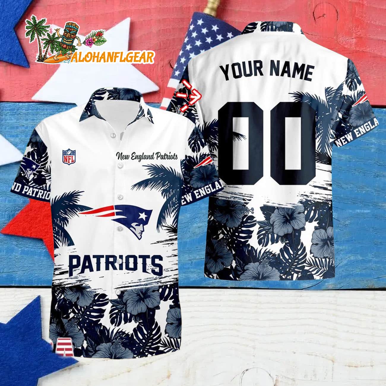 New England Patriots Hibiscus Flower Custom Name Hawaiian Shirt, NFL Aloha Shirt New England Patriots Hibiscus Flower Custom Name Hawaiian Shirt, NFL Aloha Shirt