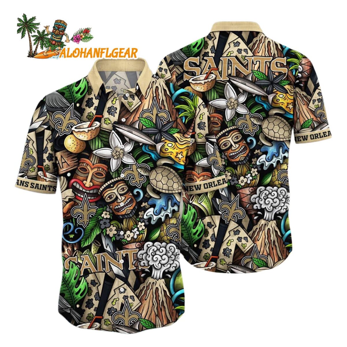 New Orleans Saints Flower Tiki Me Off Hawaiian Shirt New Orleans Saints Aloha Shirt 1