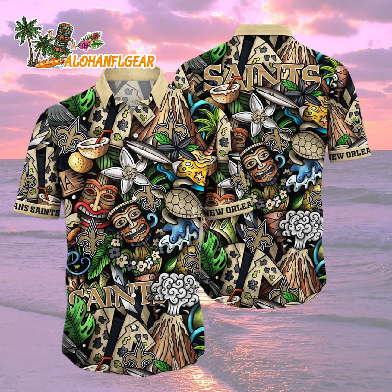 New Orleans Saints Flower Tiki Me Off Hawaiian Shirt, New Orleans Saints Aloha Shirt New Orleans Saints Flower Tiki Me Off Hawaiian Shirt, New Orleans Saints Aloha Shirt