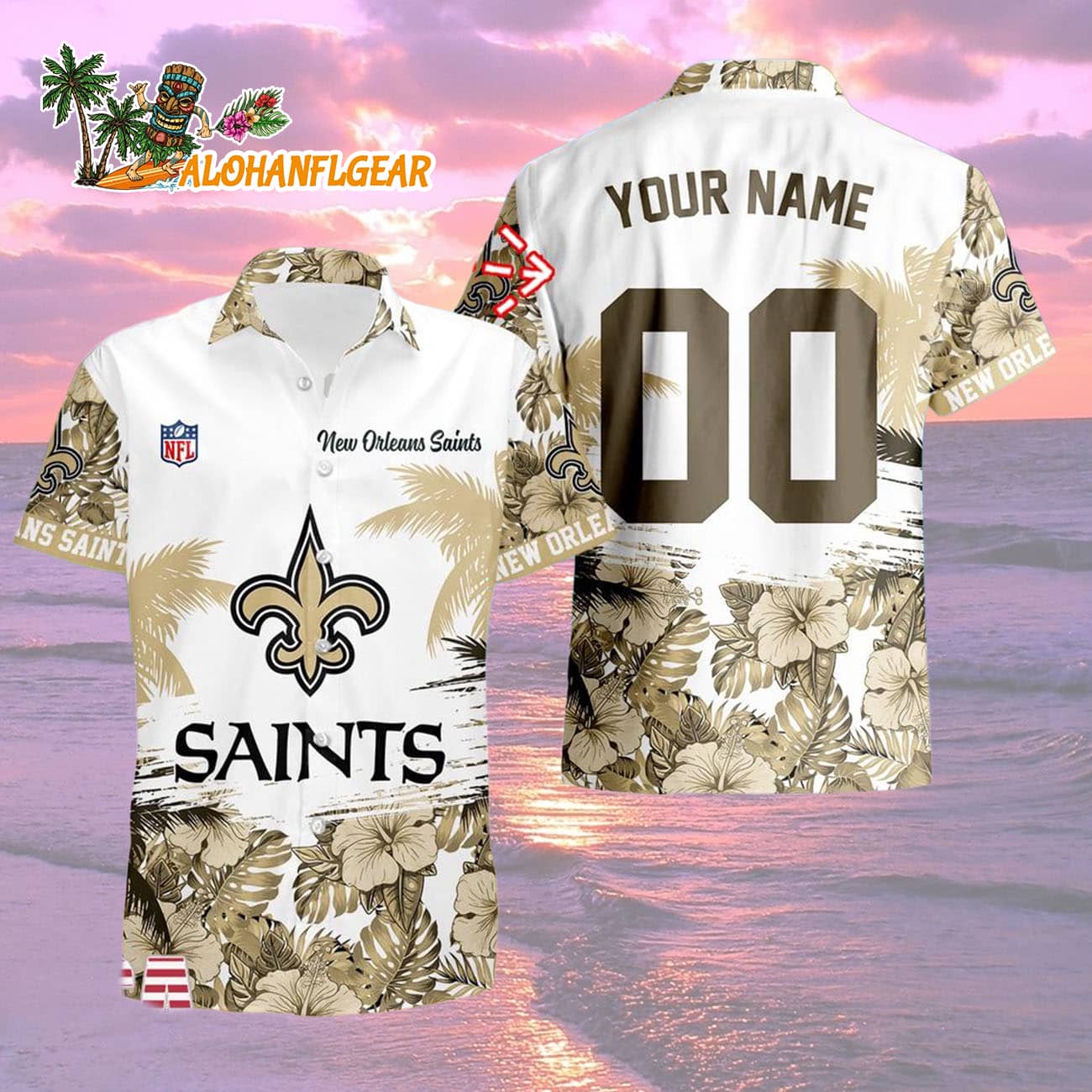 New Orleans Saints Hibiscus Flower Custom Name Hawaiian Shirt, NFL Aloha Shirt New Orleans Saints Hibiscus Flower Custom Name Hawaiian Shirt, NFL Aloha Shirt