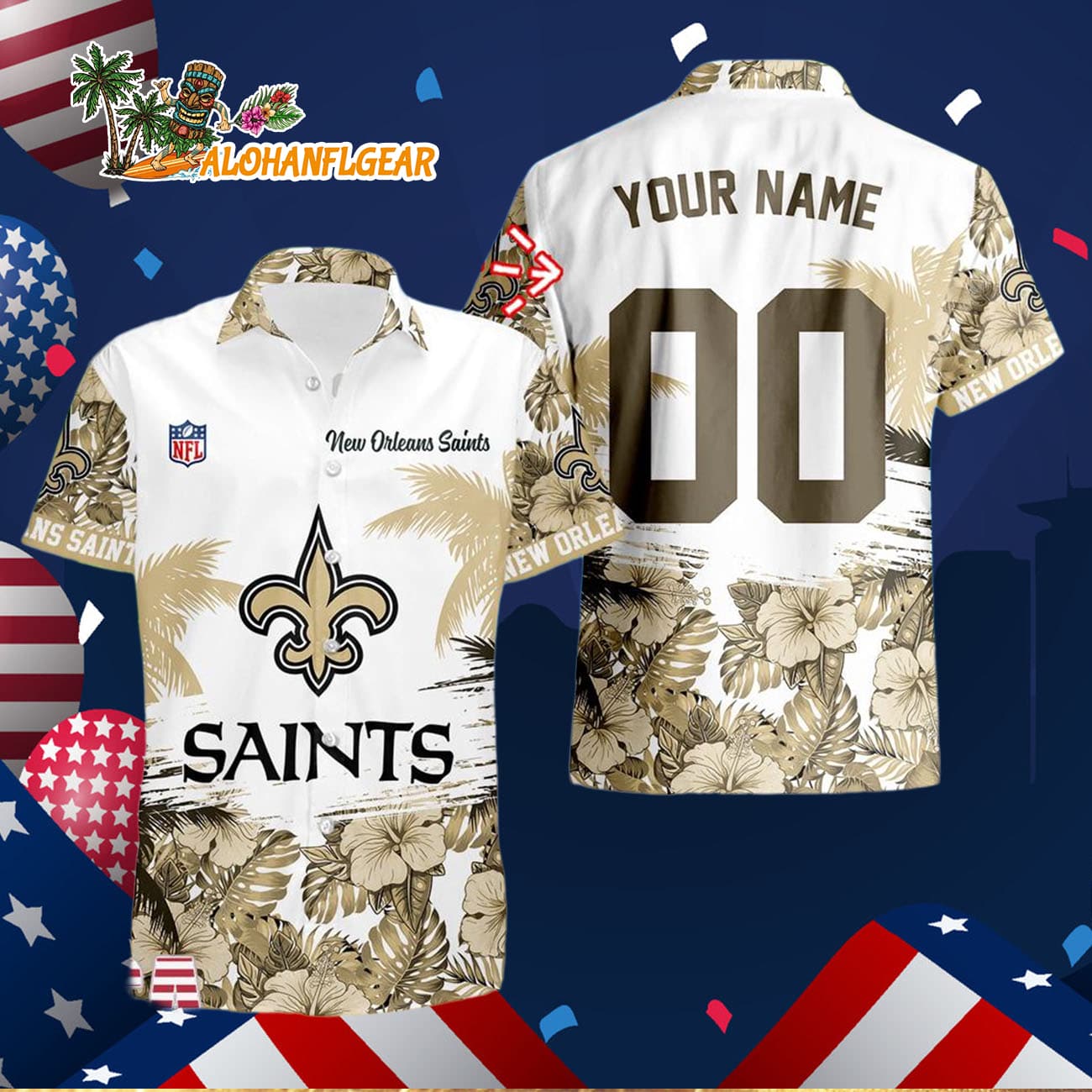 New Orleans Saints Hibiscus Flower Custom Name Hawaiian Shirt, NFL Aloha Shirt New Orleans Saints Hibiscus Flower Custom Name Hawaiian Shirt, NFL Aloha Shirt