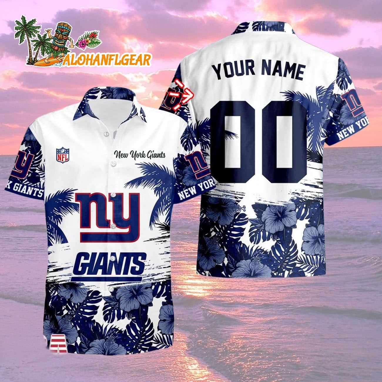 New York Giants Hibiscus Flower Custom Name Hawaiian Shirt, NFL Aloha Shirt New York Giants Hibiscus Flower Custom Name Hawaiian Shirt, NFL Aloha Shirt