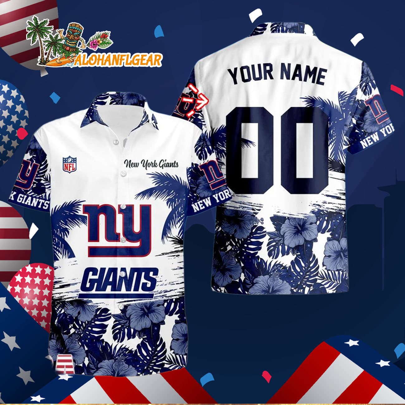 New York Giants Hibiscus Flower Custom Name Hawaiian Shirt, NFL Aloha Shirt New York Giants Hibiscus Flower Custom Name Hawaiian Shirt, NFL Aloha Shirt