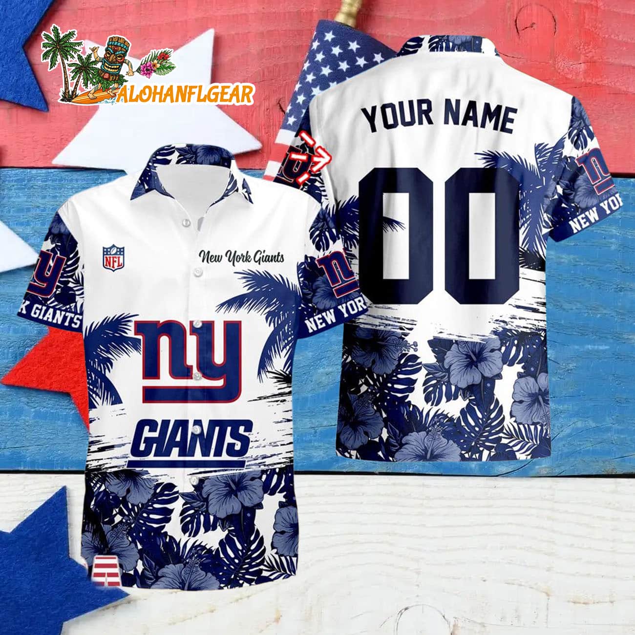 New York Giants Hibiscus Flower Custom Name Hawaiian Shirt, NFL Aloha Shirt New York Giants Hibiscus Flower Custom Name Hawaiian Shirt, NFL Aloha Shirt