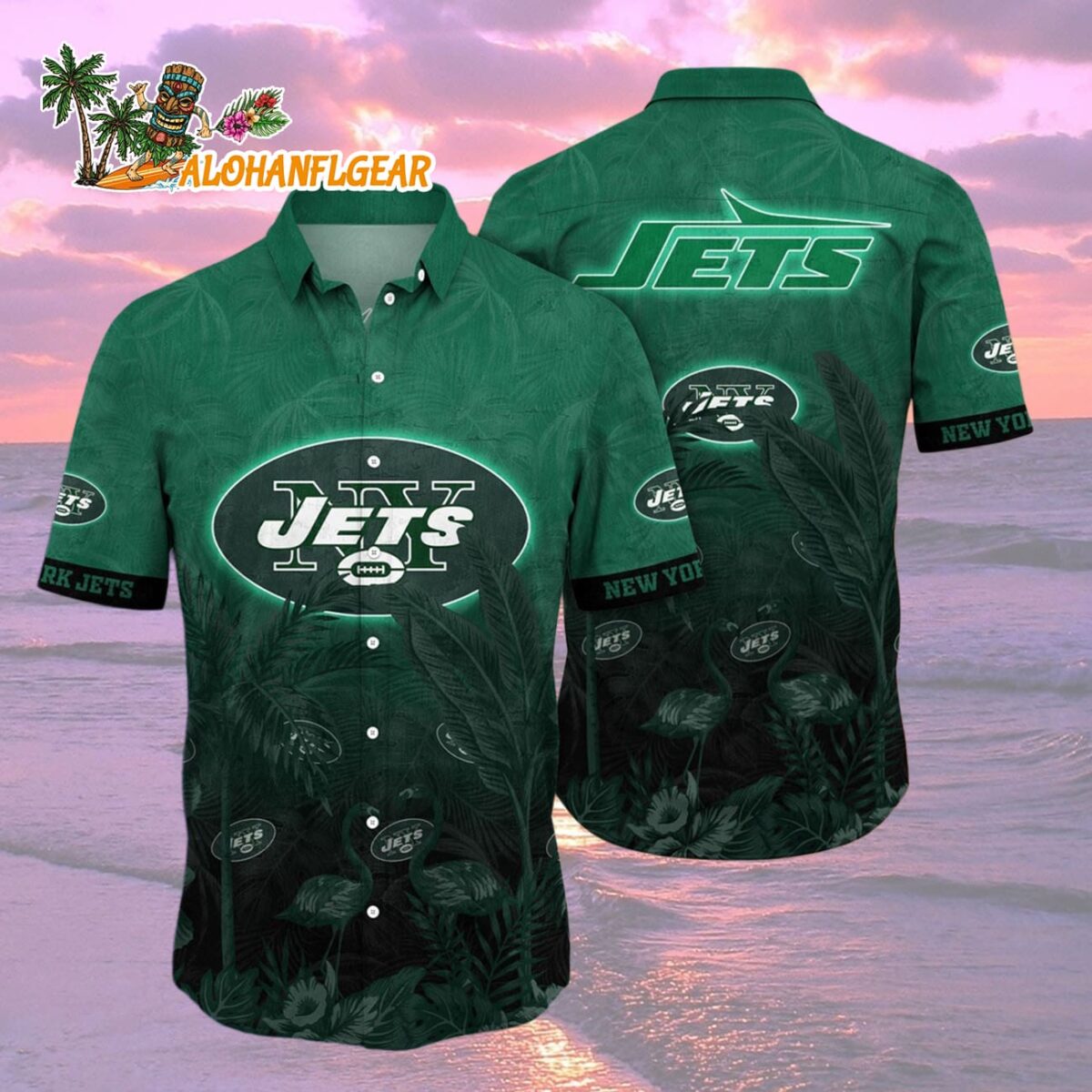 New York Jets Flamingo And Flower Funny Hawaiian Shirt New York Jets Aloha Shirt 2
