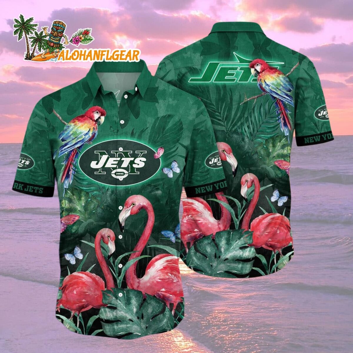 New York Jets Flamingo And Flower Hawaiian Shirt New York Jets Aloha Shirt 2