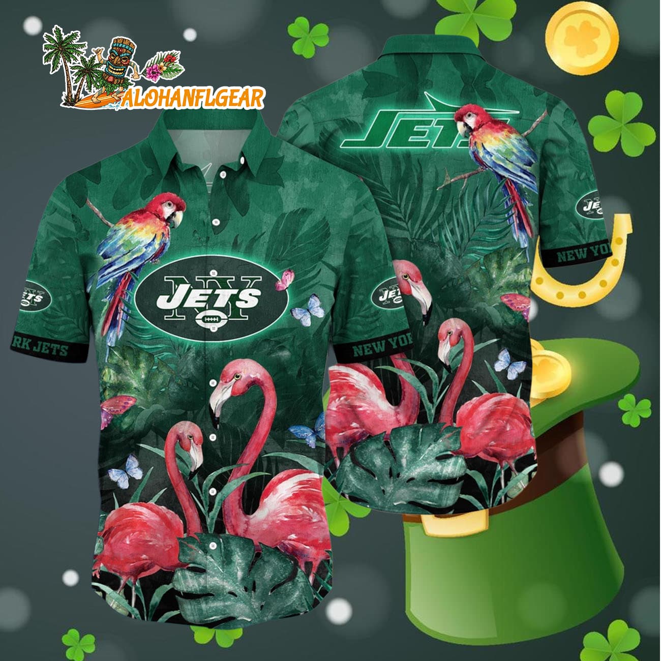 New York Jets Flamingo And Flower Hawaiian Shirt, New York Jets Aloha Shirt New York Jets Flamingo And Flower Hawaiian Shirt, New York Jets Aloha Shirt