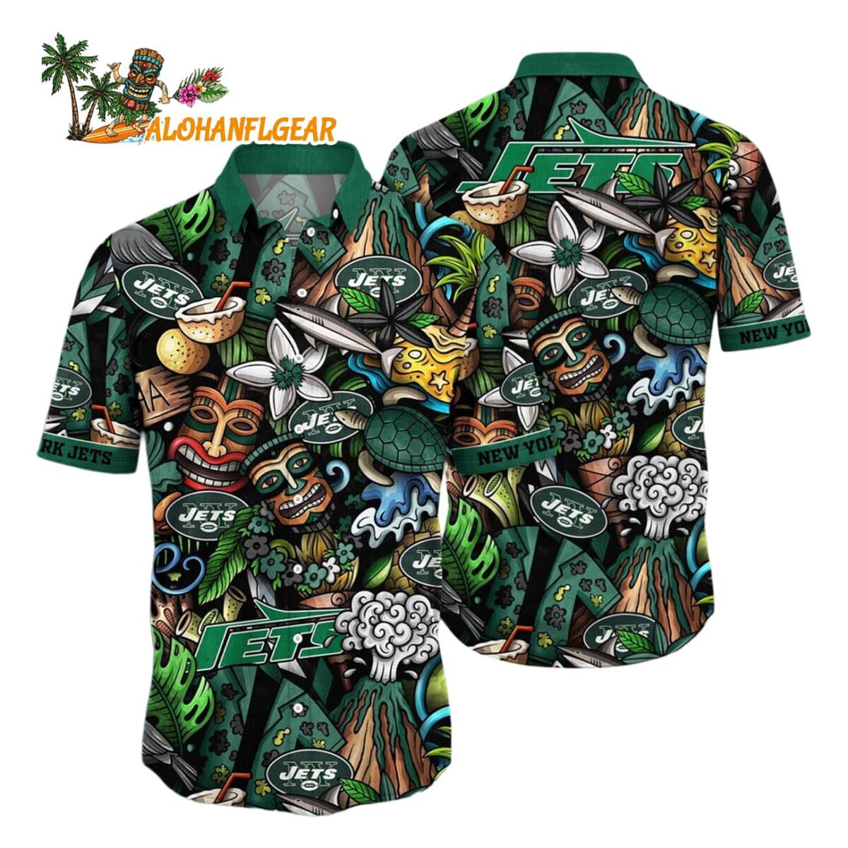 New York Jets Flower Tiki Me Off Hawaiian Shirt New York Jets Aloha Shirt 1