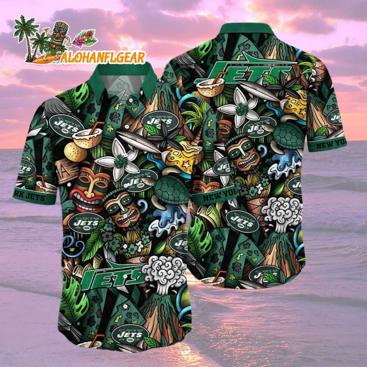 New York Jets Flower Tiki Me Off Hawaiian Shirt New York Jets Aloha Shirt 2