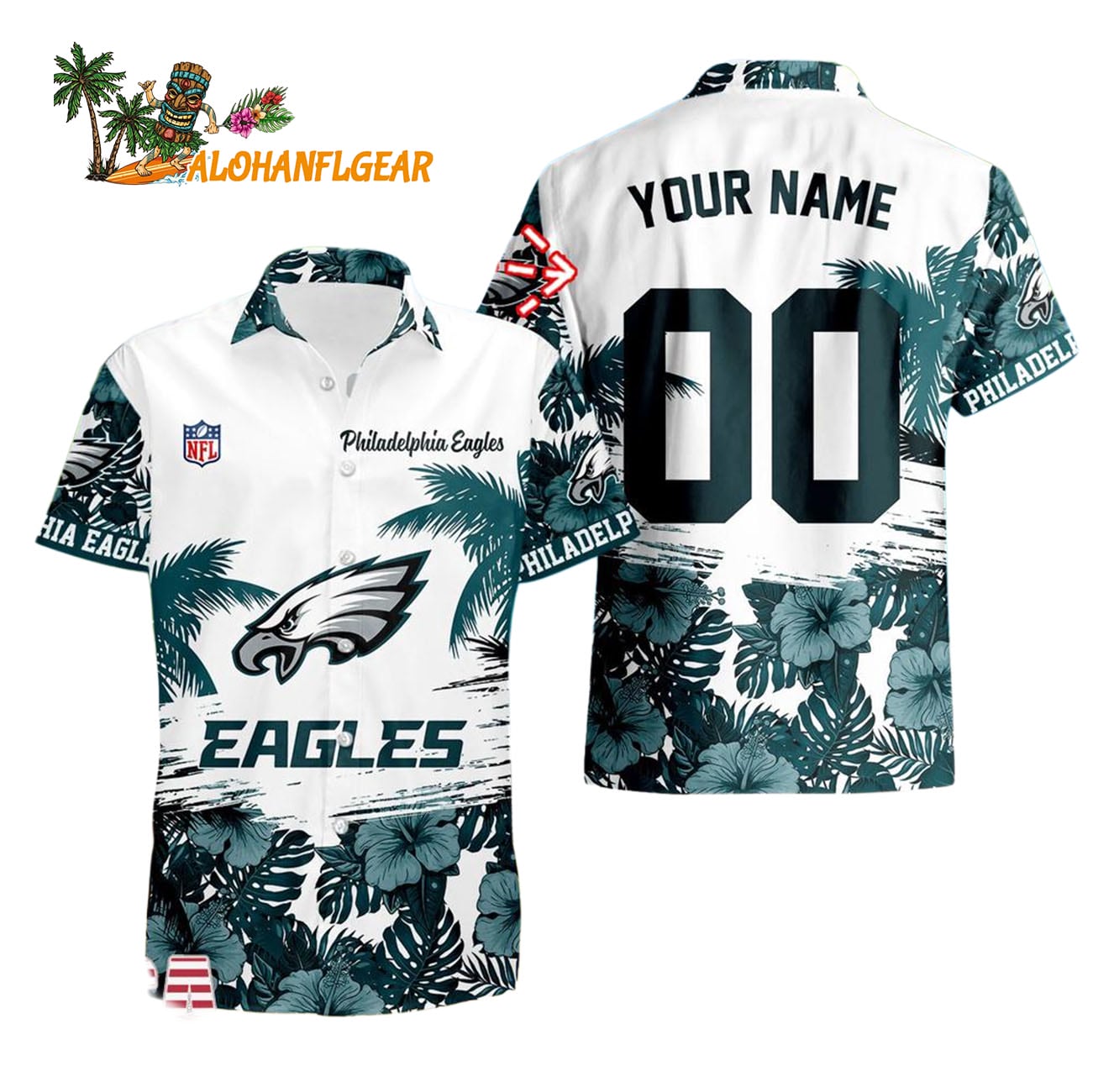 Philadelphia Eagles Hibiscus Flower Custom Name Hawaiian Shirt, NFL Aloha Shirt Philadelphia Eagles Hibiscus Flower Custom Name Hawaiian Shirt, NFL Aloha Shirt
