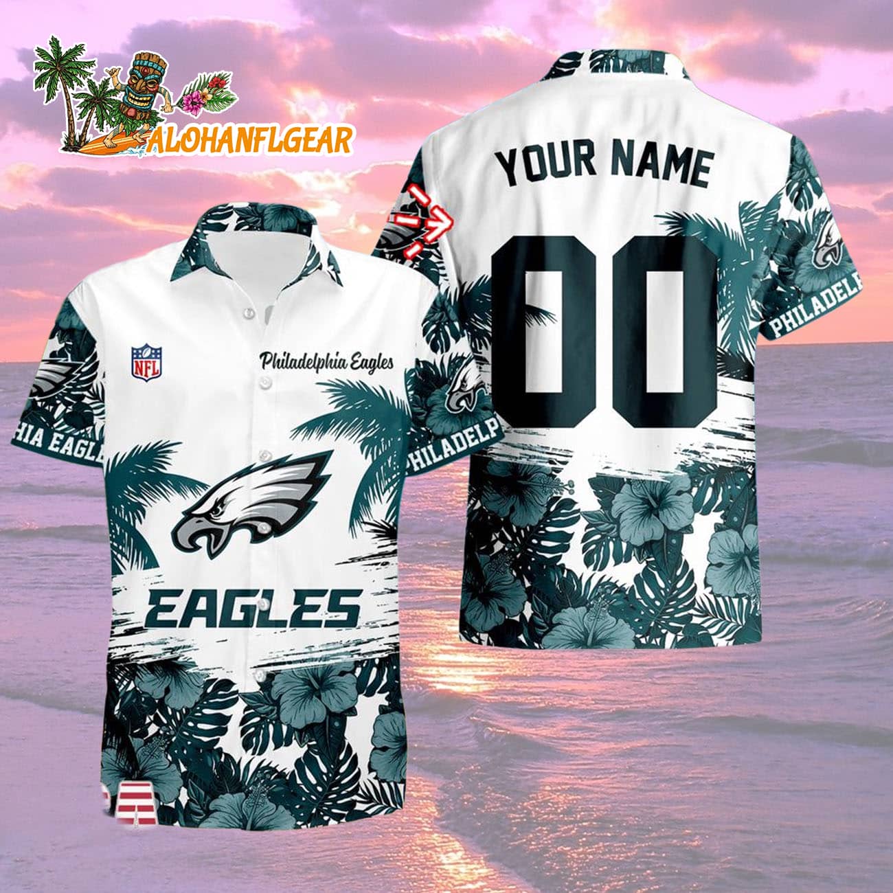 Philadelphia Eagles Hibiscus Flower Custom Name Hawaiian Shirt, NFL Aloha Shirt Philadelphia Eagles Hibiscus Flower Custom Name Hawaiian Shirt, NFL Aloha Shirt