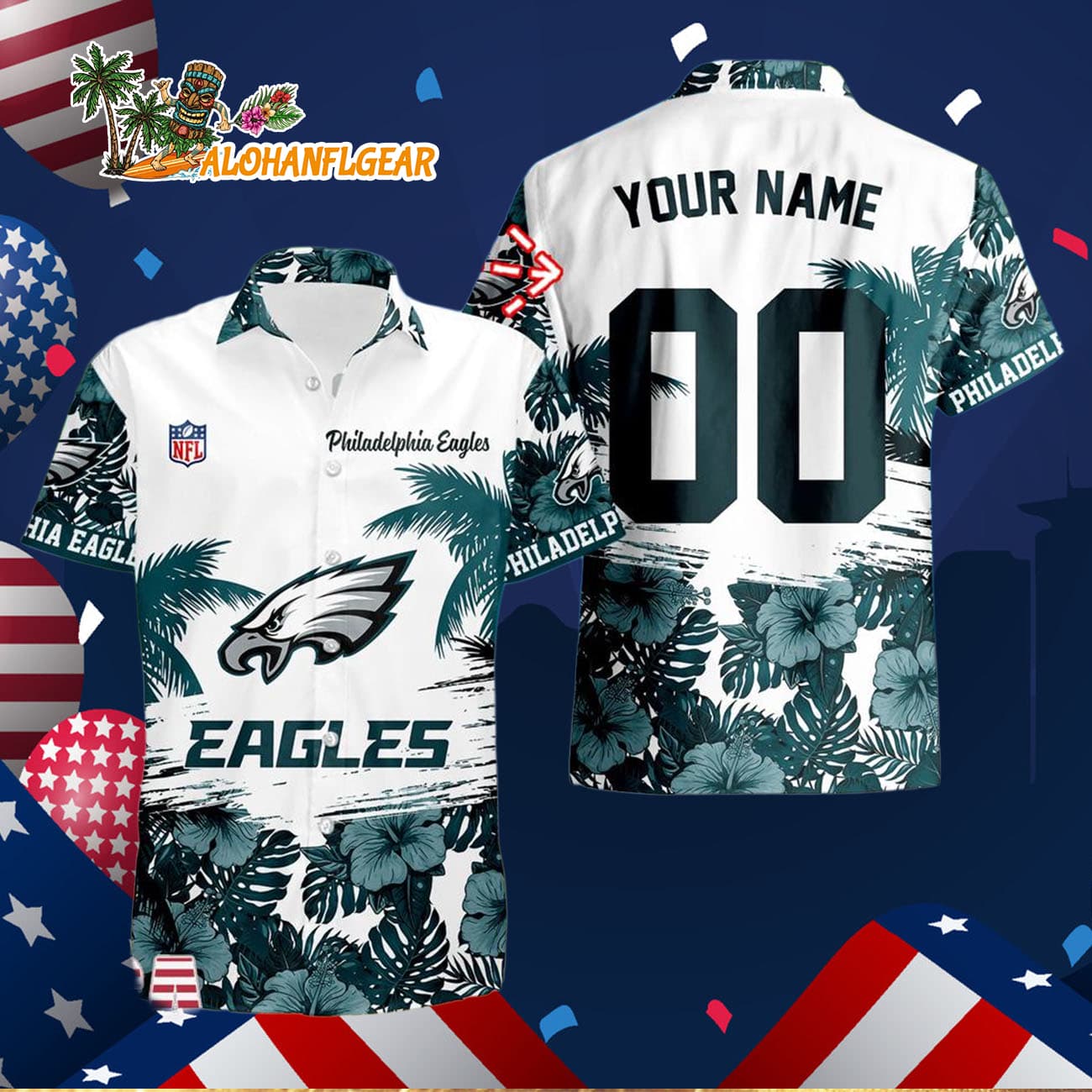 Philadelphia Eagles Hibiscus Flower Custom Name Hawaiian Shirt, NFL Aloha Shirt Philadelphia Eagles Hibiscus Flower Custom Name Hawaiian Shirt, NFL Aloha Shirt